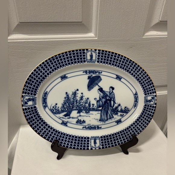 Blue and White Porcelain Serving Platter 14x11” Parasol Fine Porcelain - Picture 1 of 7